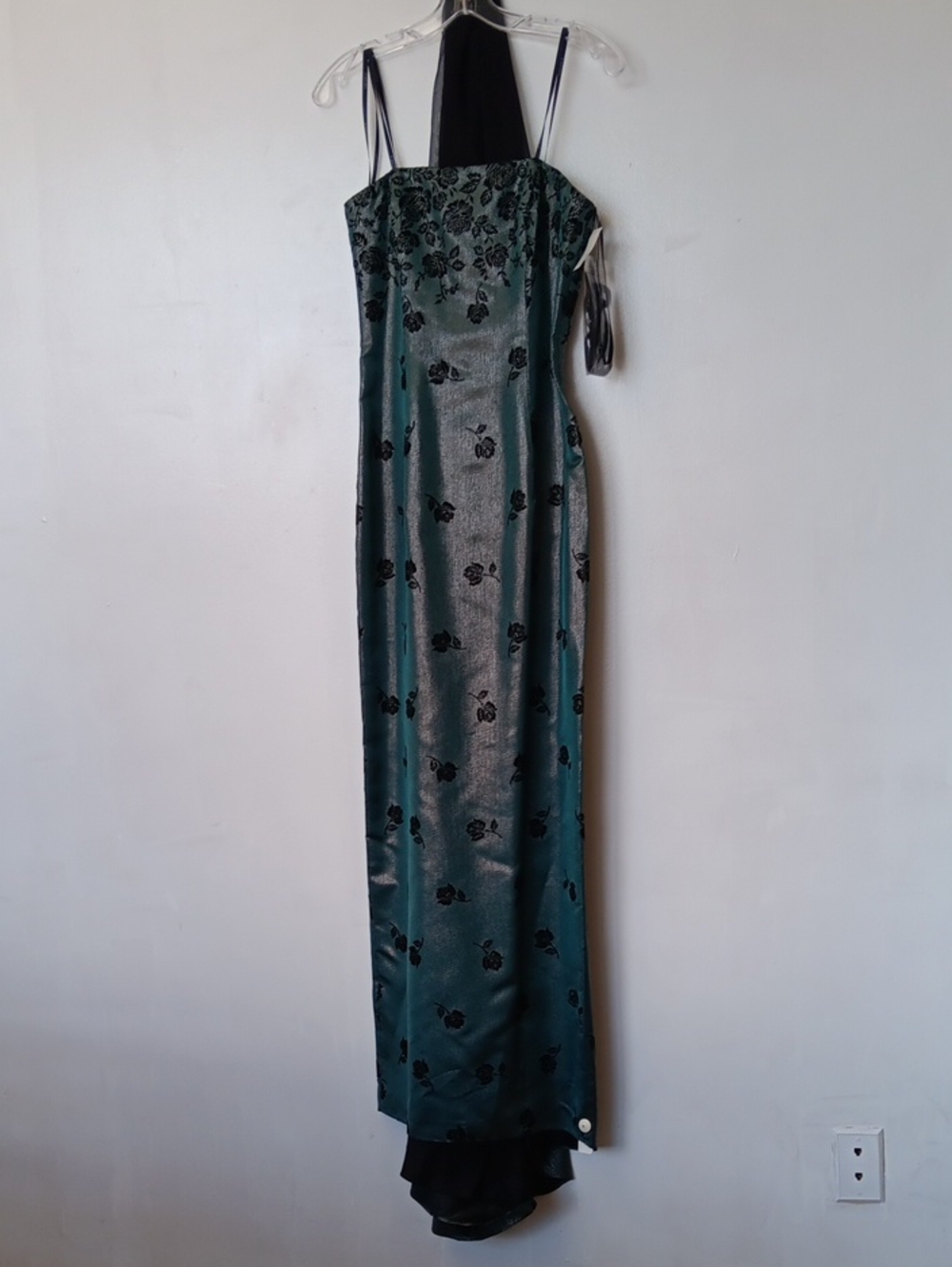 Faviana Teal Satin Maxi Dress with Black Floral Velvet Flocking